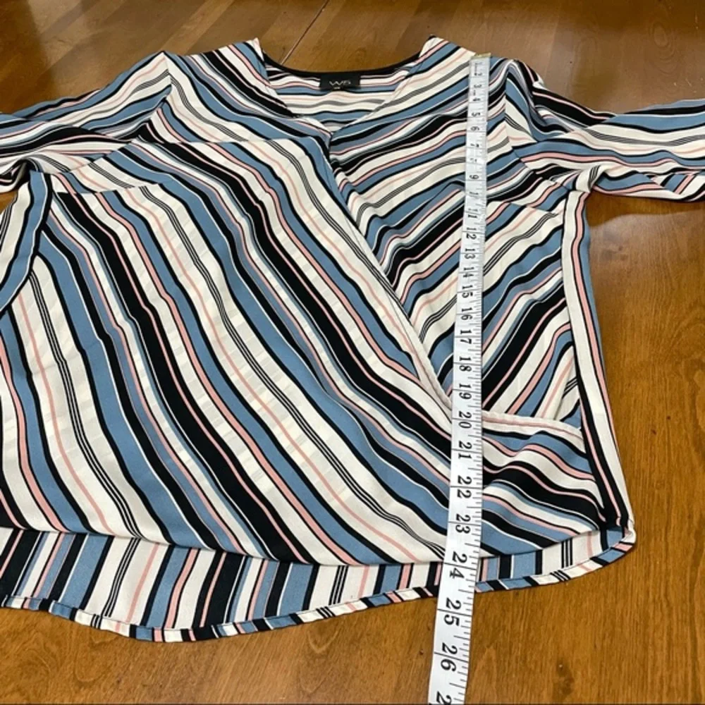 W5 Women’s Blue Stripe Tie Sleeve V‎ Neck Faux Wrap Boho Blouse Top Shirt Size M